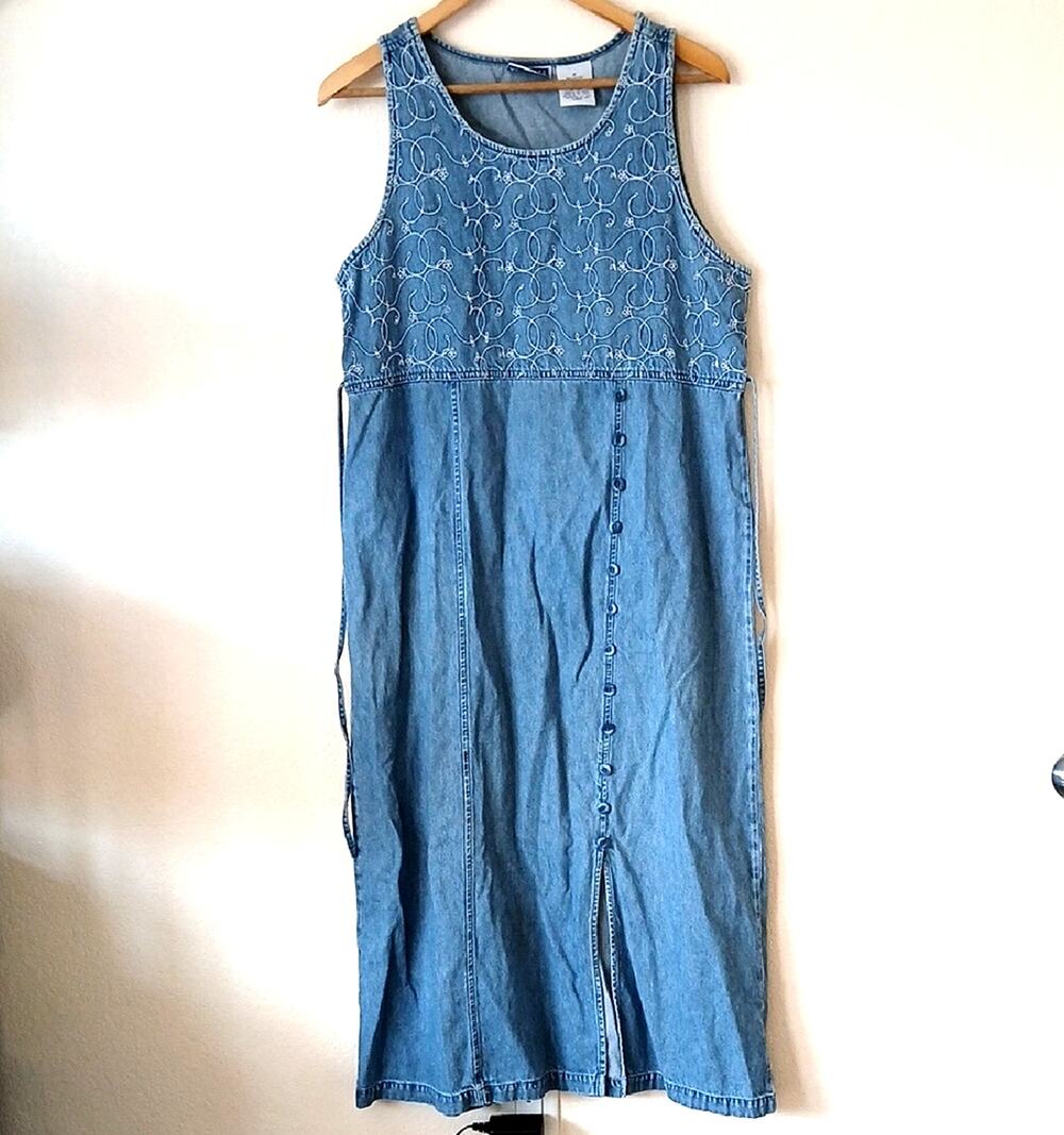 Vintage Erika & Co Sleeveless Denim Dress Embroidered Detail Ties